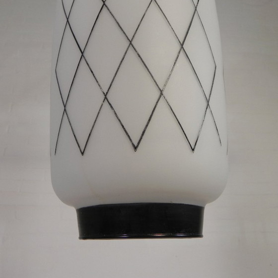 Image 1 of Vintage hanglamp met opaline kap met zwarte decoratie, jaren 50