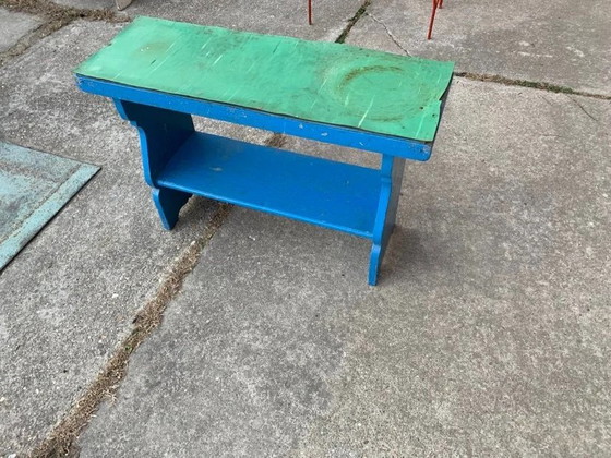 Vintage Blue Painted Wooden Bench – Benches, Plastic, Mid Century Modern (photo 2 of 7)
