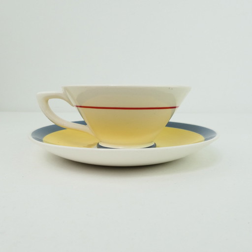 Vintage Petrus Regout tasse soucoupe jaune bleu forme conique