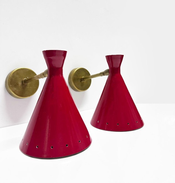 Coppia di Applique italiane di design 1950, Ottone, Rosso (foto 2 di 11)