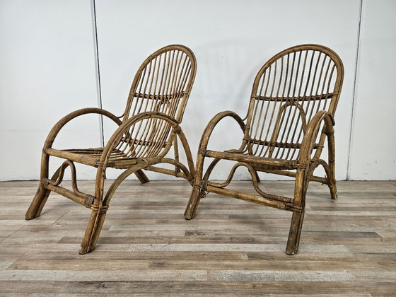 Poltrone vintage in rattan, set di quattro, Sedie da giardino, Marrone (foto 5 di 15)