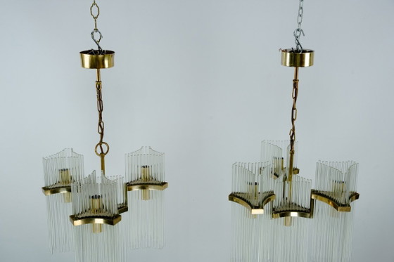 Image 1 of Coppia di lampadari in ottone e vetro di Gaetano Sciolari, Italia, anni '70