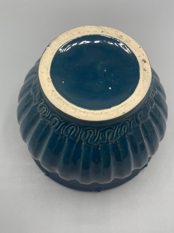 Teal Ceramic Planter – Ribbed and Embossed Meander Design – Crockery (photo 3 of 5)