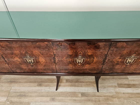 Image 1 of Mid-Century Mahogany Sideboard with Teal Glass and Compartments with Drawers, 1950