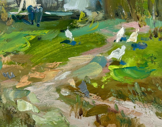 Image 1 of Original Oil Painting Summer Village Landscape Thoughts on the bench