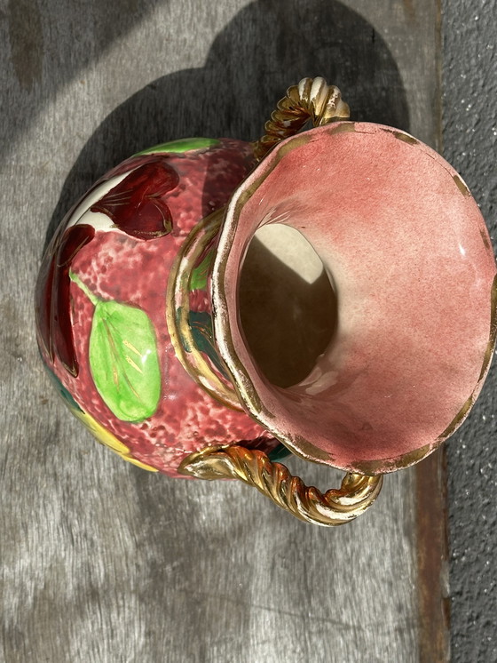 Image 1 of Beau Vase Vallauris Rose Bonbons et Motifs Floraux H 20 cm