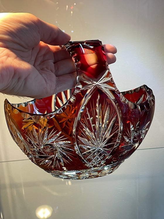 Cesto in Vetro di Cristallo Tagliato Rosso Rubino Boemo Vintage, Bohemia, Accessori da tavola (foto 11 di 15)