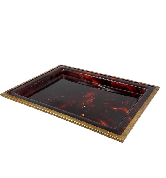 Vassoio in lucite marrone Hollywood Regency, Italia anni '70, Oggetti decorativi, Plastica, Ottone, Vintage (foto 12 di 12)