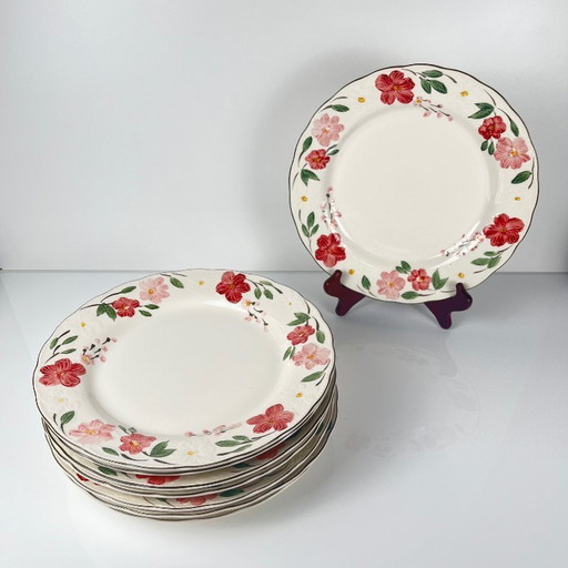 Set of 8 large plates Cameo Florals Malaysia porcelain,1970–90