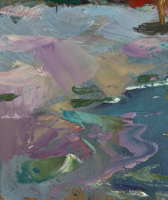 Image 1 of Original Oil Painting Coastal Village Landscape Girls sailing in a boat