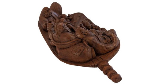 Chinees houten snijwerk, 19e eeuw – Onsterfelijken in een boot. – Beeldhouwkunst, Wood (photo 6 of 10)