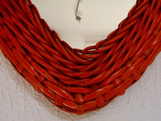 Image 1 of Orange Vintage Retro Wicker Mirror In Heart Shape.