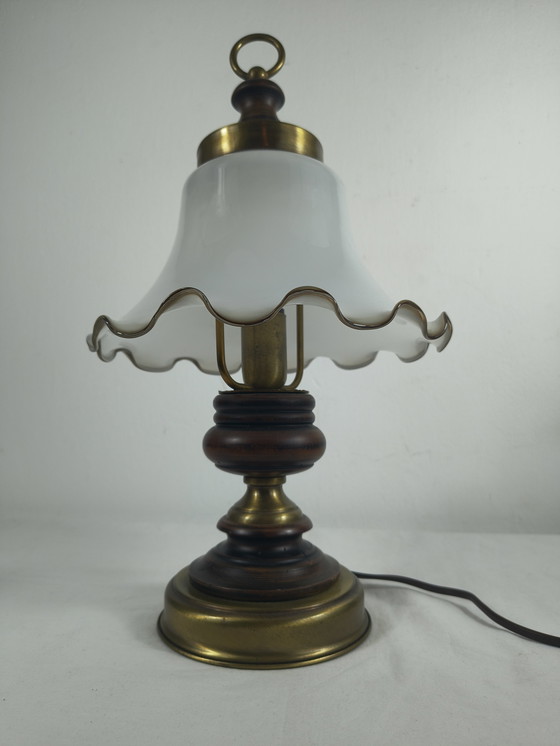 Image 1 of Vintage brass wood table lamp with opaline glass shade – classic / country style