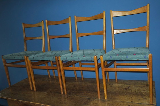 Image 1 of Juego de cuatro sillas de comedor de mediados de siglo con fundas turquesas, 1960