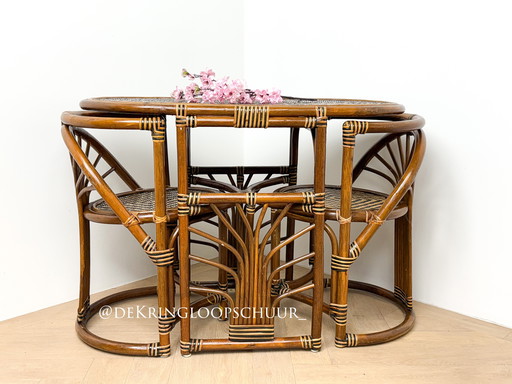 Vintage rotan bistroset, tafel met twee stoelen