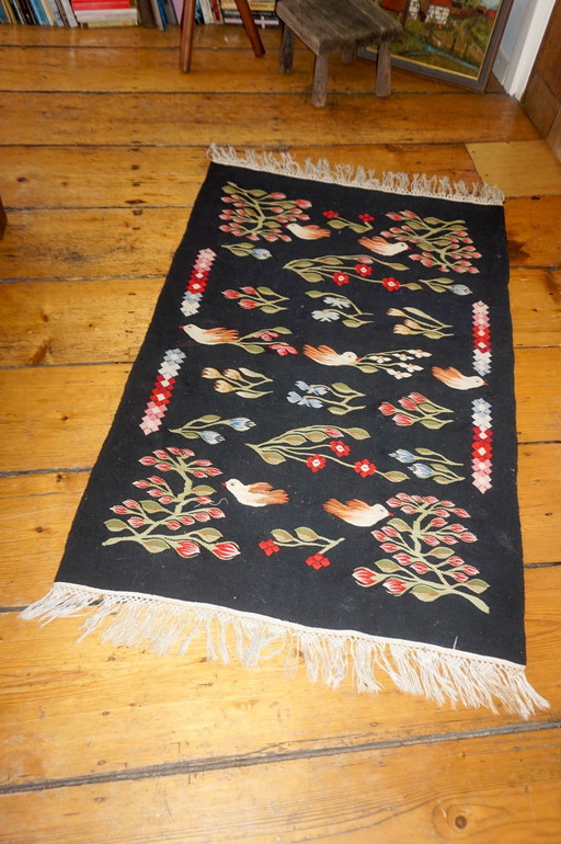 Vintage Oltenian Handwoven Bessarabian Kilim Rug with Birds, Tulips, and Flowers - Romanian Floral Woolen Wall Tapestry