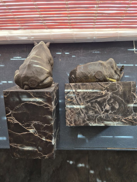 Image 1 of Twee bronzen neushoorn beelden