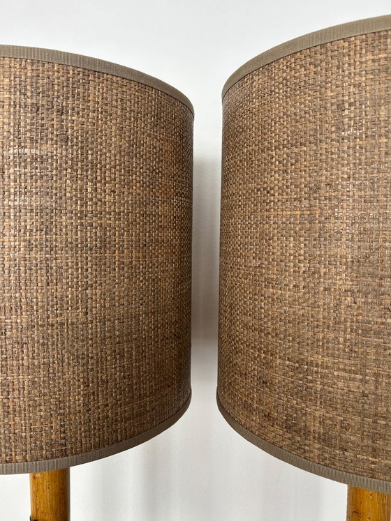 Bamboe en glazen lampenkappen, Italië, jaren '80, set van 2 – Tafellampen (photo 3 of 10)