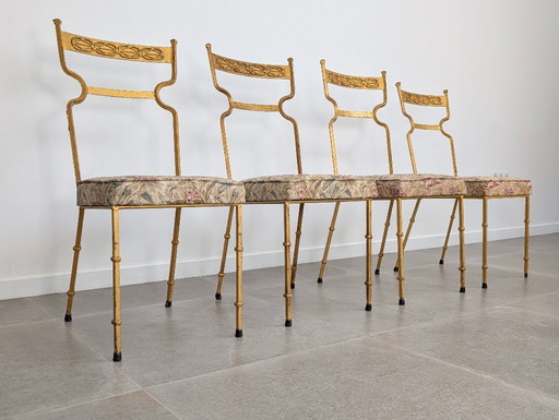 Set of 4 Gilt Wrought Iron Chairs with Floral Tapestry, Spain 1980s