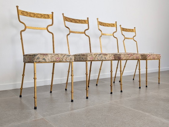 Image 1 of Set of 4 Gilt Wrought Iron Chairs with Floral Tapestry, Spain 1980s