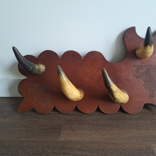 Unique vintage coat rack with real horns - handmade