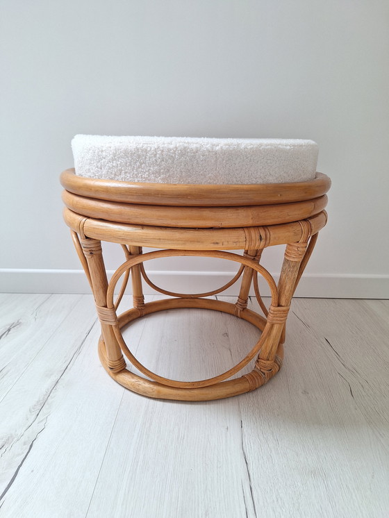 Image 1 of Rattan And Bouclette Fabric Pouf