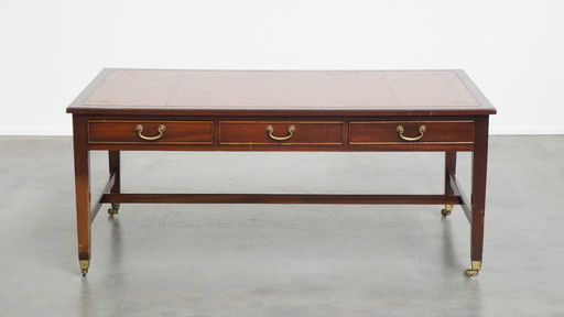 Chesterfield coffee table on wheels in English style with 4 drawers and brown leather top