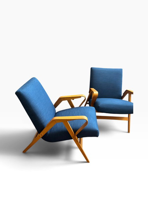 Set di 2 poltrone lounge blu restaurate di František Jirák per Tatra Nabytok