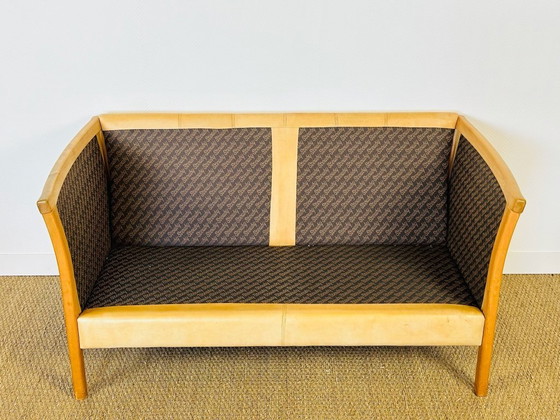 Image 1 of Vintage Scandinavian 2-seater sofa in beige leather and wood by Stouby, 1960s