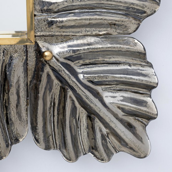 Image 1 of Italiaanse wandspiegel van messing en bladeren uit het midden van de eeuw van Muranoglas