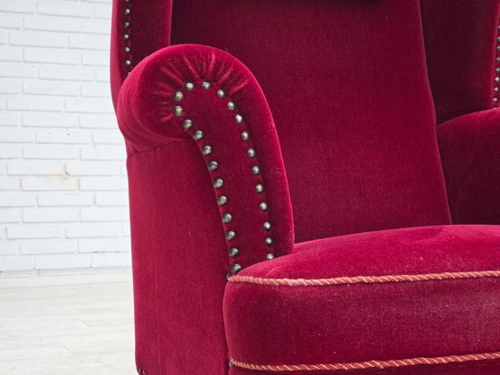 Image 1 of 1960s, Danish highback wingback armchair, cherry-red furniture velour.