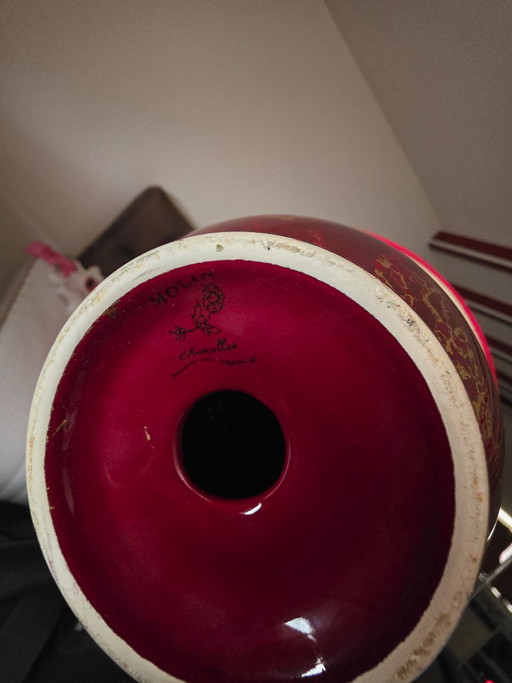 Vintage Ceramic Designer Table Lamp – Bordeaux Red with Gold Marbling – Signed Molin