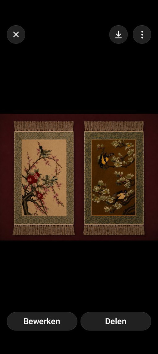 Set aus 2 handgeknüpften chinesischen Wandteppichen – 1970er Jahre – Vogel- und Blütenmotiv