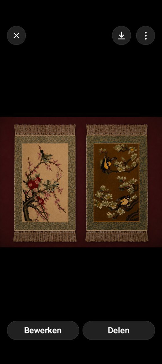 Image 1 of Juego de 2 tapices chinos anudados a mano – década de 1970 – motivo de pájaros y flores