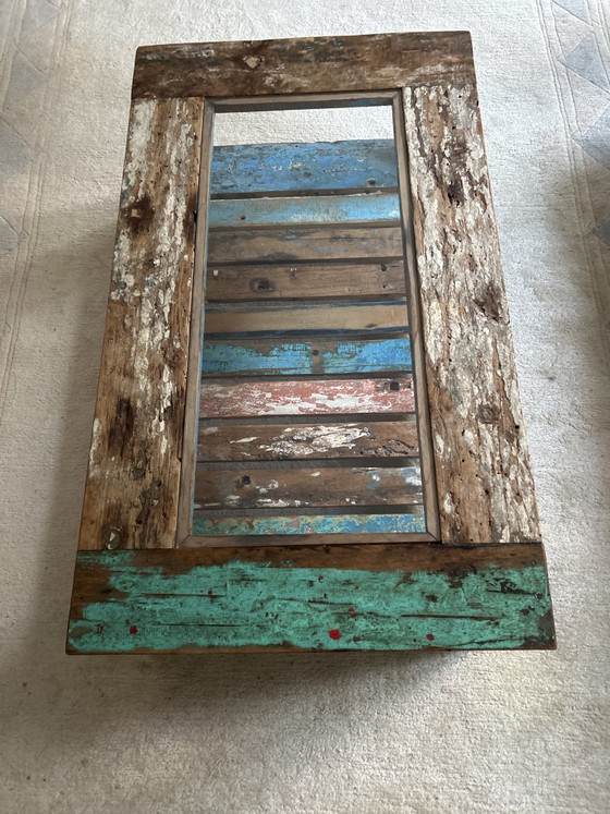 Unieke rechthoekige salontafel van scheepshout. Gekocht in Saint-Tropez bij Chateau de Marres. – Wood, Glass (photo 5 of 5)