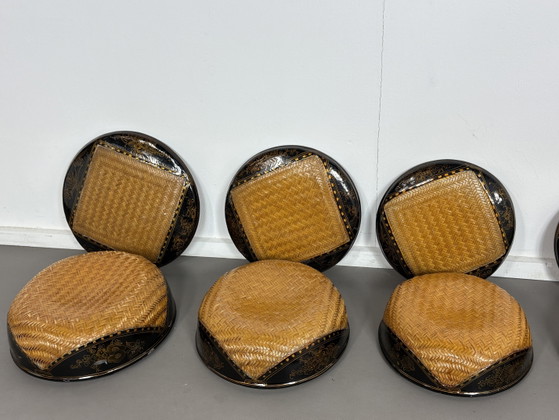 Image 1 of Set of 6 Nesting Boxes in Woven Bamboo and Polychrome Lacquer – Indochina Mid-20th Century