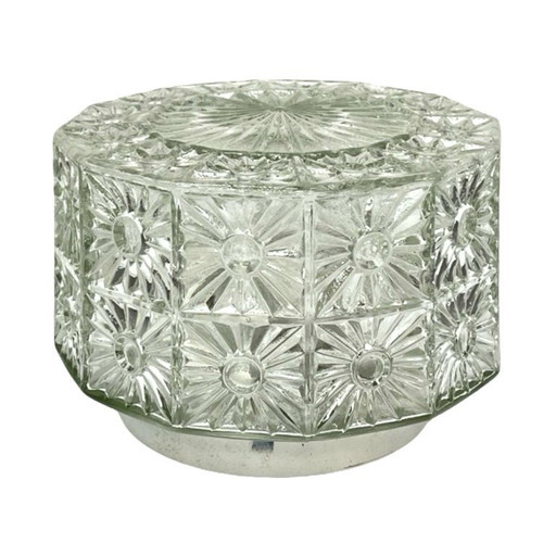 Glass Ceiling Lamp with crystal rosette, Hillebrand style, Germany, 1970s.
