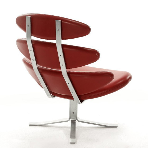 Image 1 of Fauteuil Corona En Cuir Rouge Avec Tabouret, Poul M. Volther, Édition Erik Jørgensen, Années 60