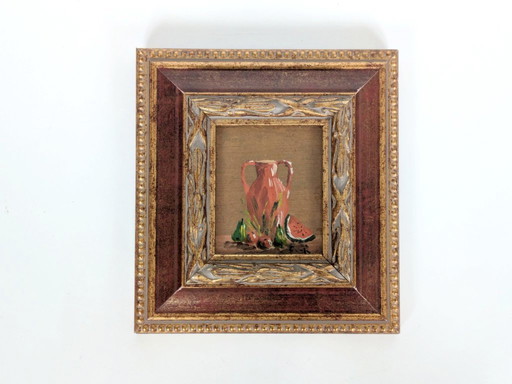 Vintage Still Life Oil Painting, Pottery Jar and Fruit, Florentine Frame