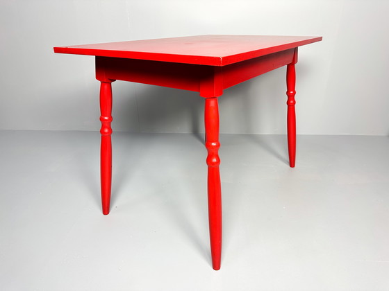 Image 1 of Vintage Set Of 3 Mid-Century Red Lacquered Chairs With Table 