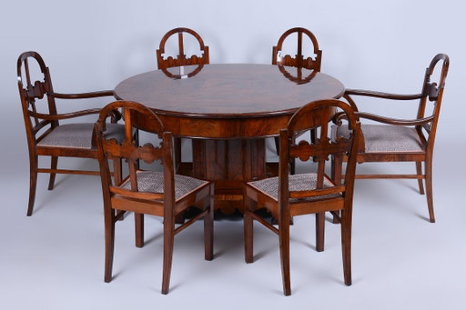 Restored Art Deco Dinig Set, Caucasian Walnut, Thuja, Polished, England, 1920s – eetkamerset, Textile, Wood