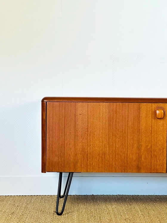 Image 1 of Low Scandinavian teak sideboard with 4 doors and hairpin metal legs, 1960
