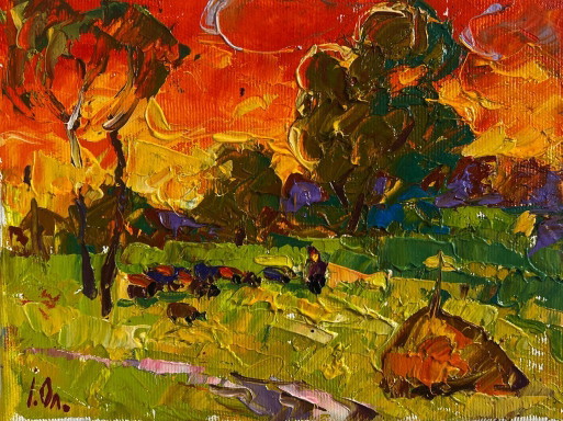 Dipinto ad olio originale Paesaggio serale di un campo Il cielo estivo è in fiamme