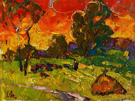 Image 1 of Original Oil Painting Evening Field Landscape The summer sky is burning