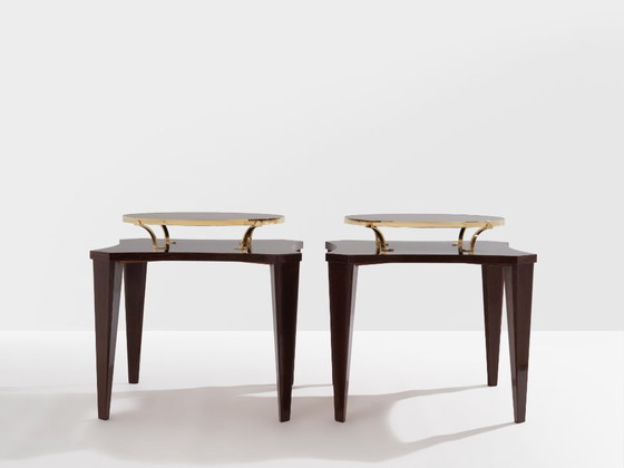 Image 1 of Par de mesitas auxiliares de wengué y latón de Alberto Pinto, década de 1990.
