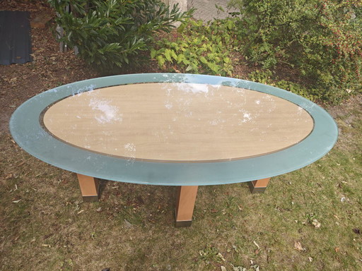 Modern oval dining room table - glass & wood - stylish and unique