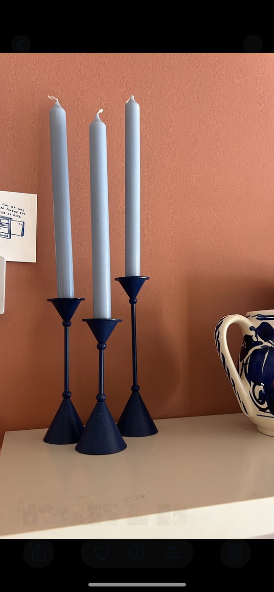 Image 1 of Memphis Milano Style Candlestick Set of 3, Vintage Mid - Century Blue