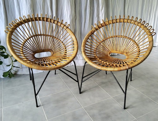 Paire de fauteuils rotin années 60
