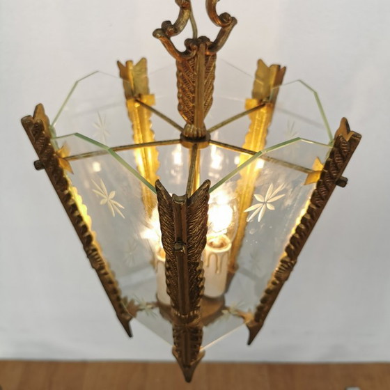 Image 1 of Lampada a lanterna francese in ottone vintage, lampada a sospensione, lampada con catena