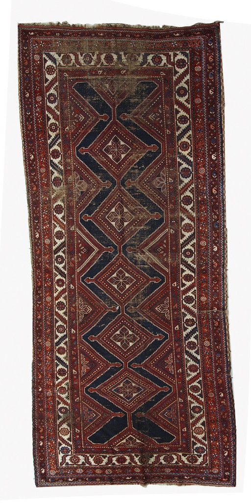 Handgemaakt antiek Perzisch Shiraz-tapijt met een verweerde look, 152 cm x 342 cm, 1900 - 1C464